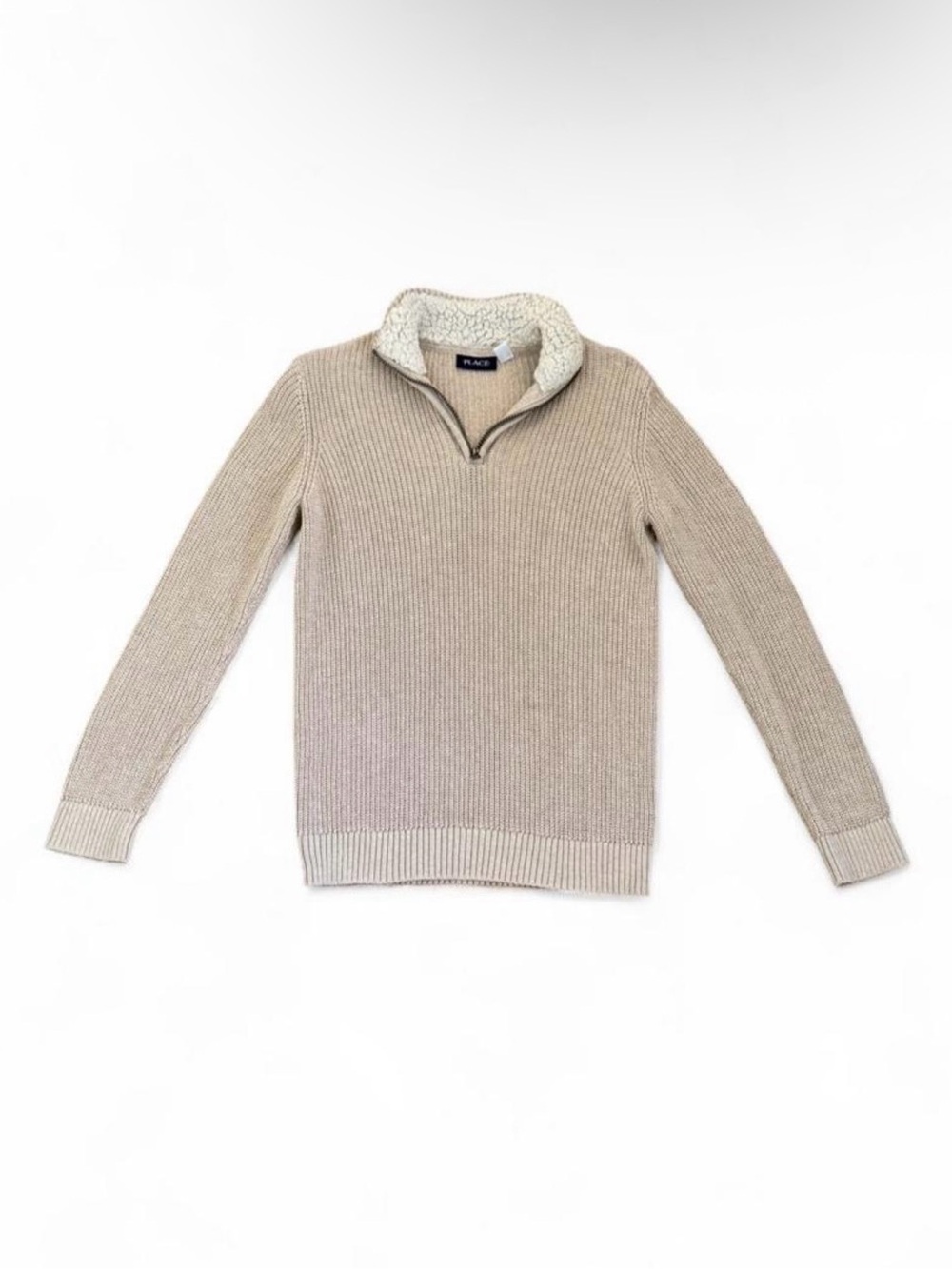 The Children's Place Beige Quarter-Zip Knit Sweater with Sherpa Collar